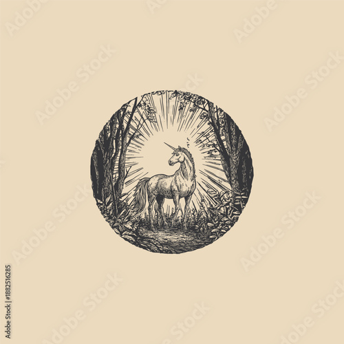 Majestic unicorn standing in a mystical forest with radiant light rays behind it, vintage hand-drawn engraving style illustration