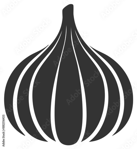 Graphic black and white single garlic illustration with long curved vertical design elements