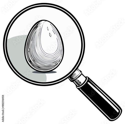 Magnifying glass examining an egg with detailed hatching style illustration