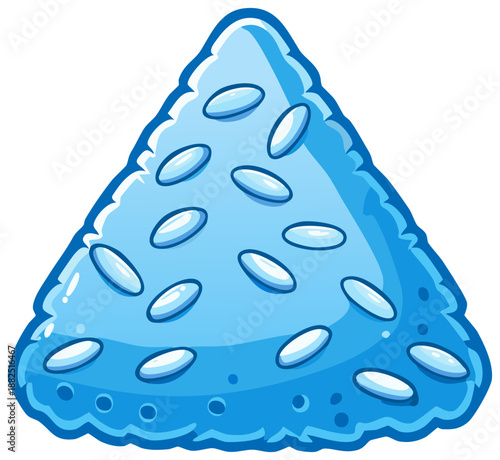 Rice Grain Triangle: Cartoon food illustration of triangle shaped sticky blue rice with grains