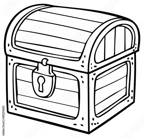 Black and white cartoon treasure chest illustration with padlock and curved lid
