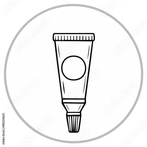 Simple line art icon of a medicine or cosmetic squeeze tube with a blank label area
