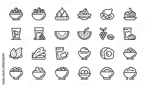 Healthy organic food and snack line icons set including bowl of dates nuts and fresh fruit juice art