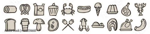 Food and cooking scrapbook, doodle, sticker, collage, icon: hand drawn illustration of meat, seafood, bread, snack, and dessert for restaurant menu, grocery, kitchen, meal, delicious