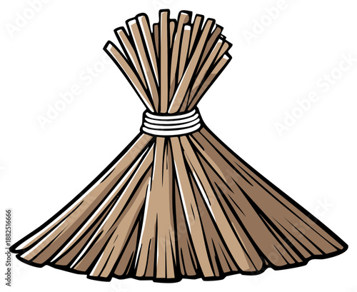 Cartoon style illustration of a bundle of straw with a white ribbon tied around.