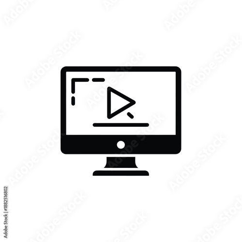 Black outline computer monitor with play button symbol on white background