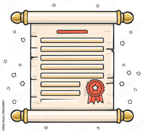 Antique Parchment Scroll with Red Wax Seal and Ornamental End Caps in Cartoon Style