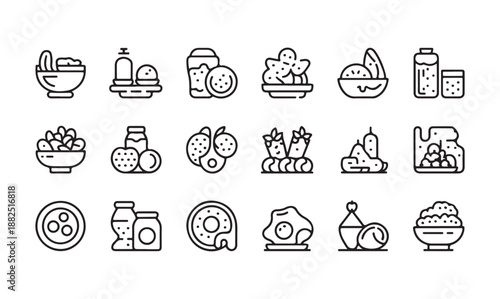 Delicious healthy breakfast ingredients yogurt fruit snacks drink jar bowl salad line icon set collection