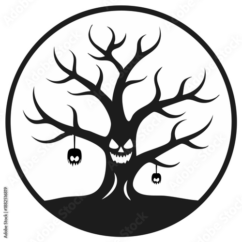 Spooky Halloween Tree with Scary Face and Hanging Skulls