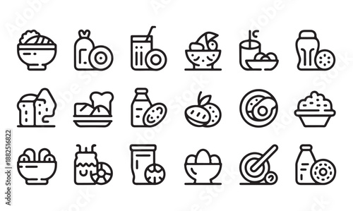 Varied morning breakfast menu with bread cereal fruit drink jar pastry and bowl isolated vector line icons
