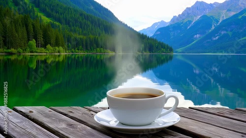Wallpaper Mural Steaming Coffee Cup on Wooden Table by Calm Lake Surrounded by Majestic Mountains in Nature. Seamless looping 4k video background  Torontodigital.ca