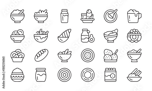 Big collection of various breakfast dishes condiments snacks bread jar and bowls minimal outline vector set