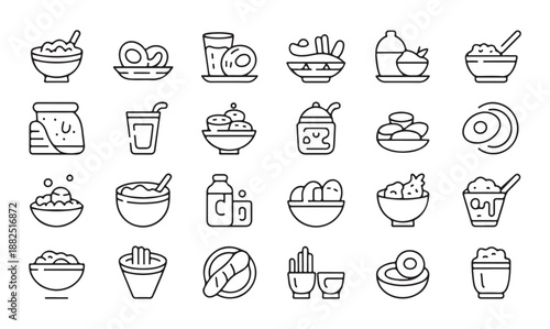 Large assortment of breakfast food items drinks snacks eggs cereal jars sandwiches and fries minimal line icons