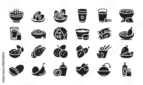 Black silhouette solid icons representing healthy breakfast food items drinks fruits bowls and wraps vector graphics