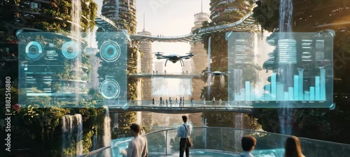 Future city with interactive display on waterfall, people walking, drone flying over buildings, concept of urban development footage