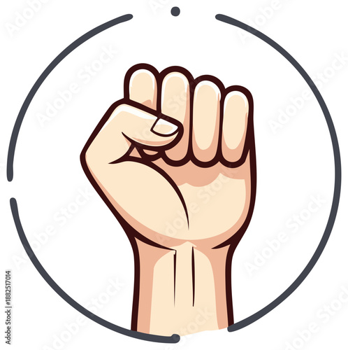 Raised fist icon, symbol of solidarity, revolution, and resistance within circular frame, vector art