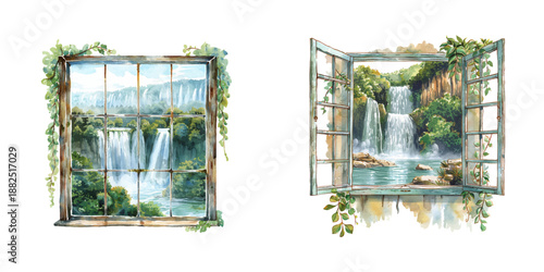 window with waterfall view watercolor vector illustration