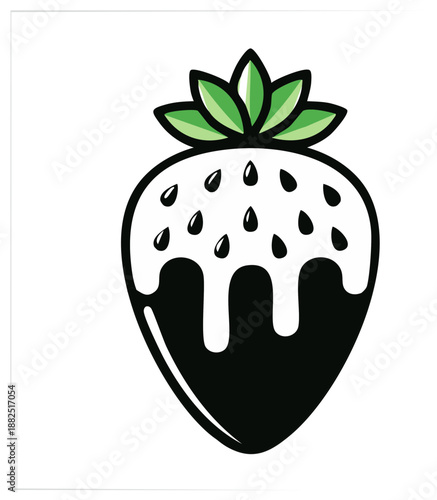 Stylized black chocolate dipped strawberry with white coating and green leaves