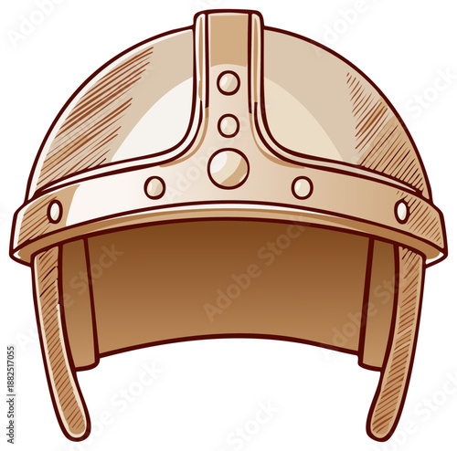 Illustrative medieval knight helmet with metallic rivets and a protective nasal guard
