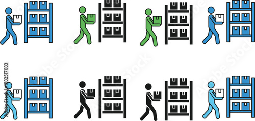 Flat warehouse worker and shelf icon set with package handling symbols in color and black for logistics and inventory design