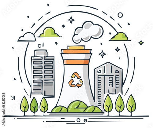 Eco friendly power plant and city buildings with recycling symbol and green plants