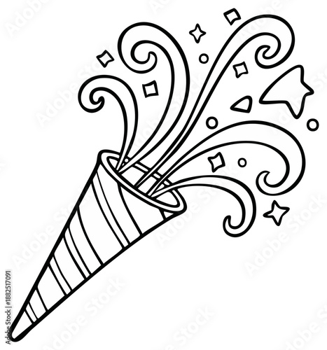 Illustration of a party popper exploding with confetti and stars