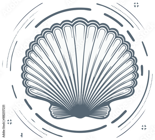 Stylized Scallop Shell Vector Illustration with Abstract Marine Circular Design