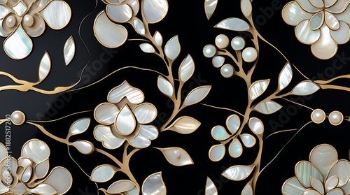 Korean Lacquerware Pattern Design, Intricate Mother-of-Pearl Inlay on Black Lacquer by traditional Korean Najeonchilgi	