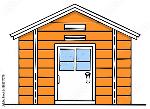 Cartoon illustration of an orange storage shed with a white door and roof, building exterior concept