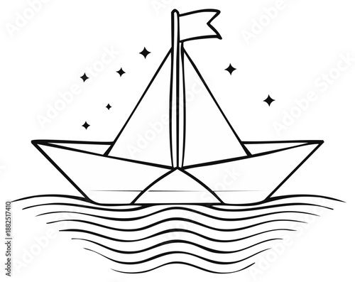 Paper boat sailing on wavy sea with flag and stars in a line art drawing