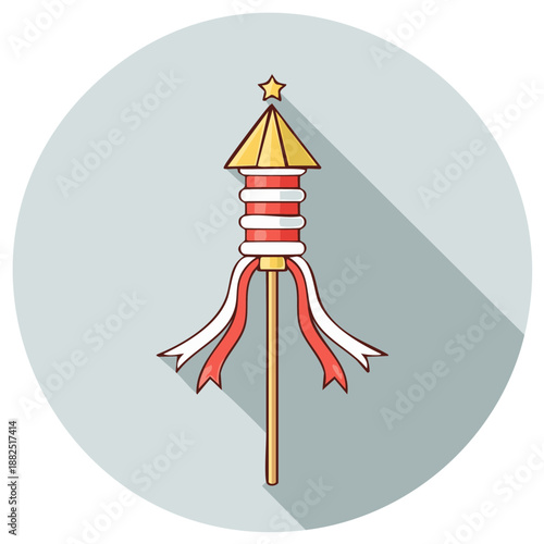 Independence Day Celebration Firework with Star Topper and Red and White Ribbons in Cartoon Style
