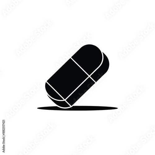 Black silhouette of an eraser casting a subtle shadow on a white background