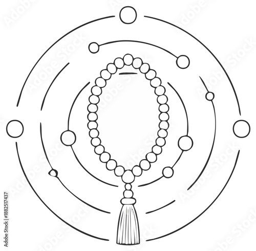 Prayer beads rosary illustration with abstract circular elements in a minimalist style