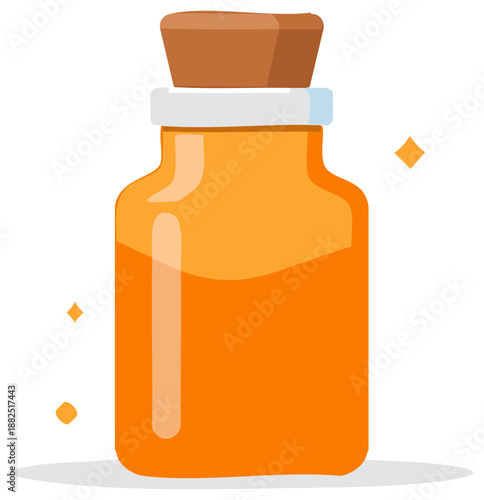 Flat illustration of an orange liquid in a glass bottle with a cork stopper and sparkling elements