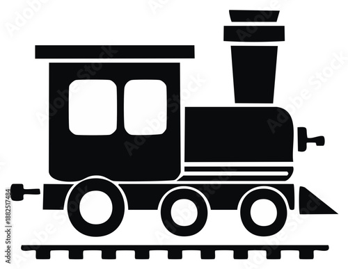 Simple black silhouette of a classic toy steam train on a railway track vector icon illustration