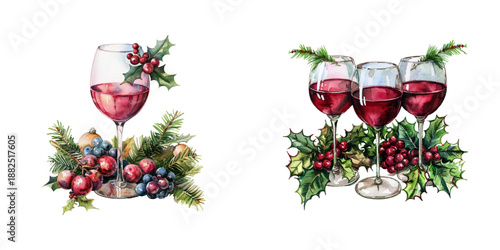 wine christmas decorated watercolor vector illustration