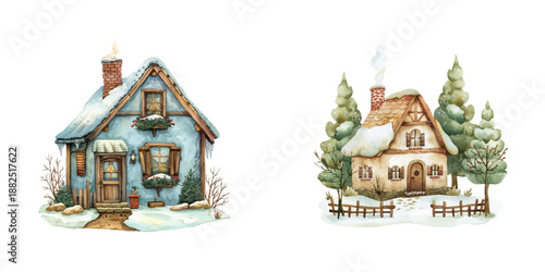 winter cottage watercolor vector illustration