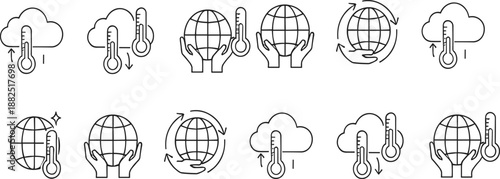 Minimal climate change and global warming line icon set with thermometer, cloud and earth symbols for environmental infographic design