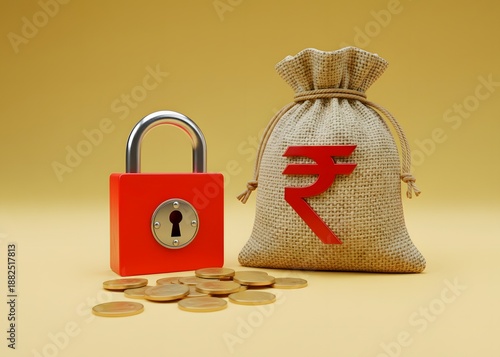 Rupee money bag and a red padlock. Blocking bank accounts and seizing assets. Tight government control over the financial system. Freezing of pension savings and cash flow monitoring. 