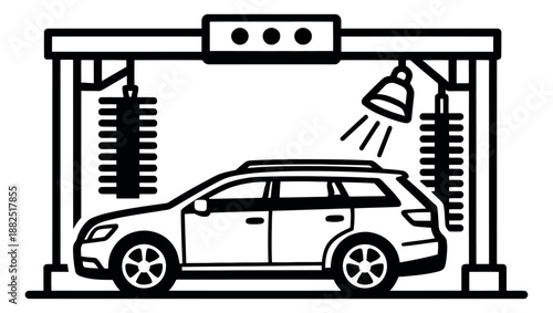 Line art illustration of an automatic car wash depicting a vehicle being cleaned for automotive service