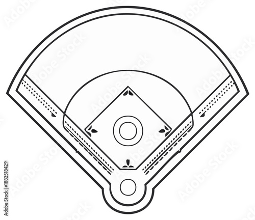 Baseball field outline, overhead view. Diamond with bases, pitcher's mound, lines, and arcs.