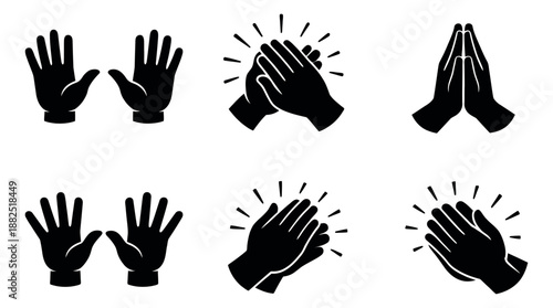 Solid icon hand set featuring open palms, clapping, and praying hands for communication and expression