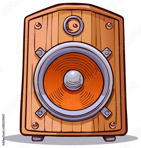 Cartoon Speaker Isolated on White for Creative Projects with Fun Wooden Texture Design Element and orange colored audio core.