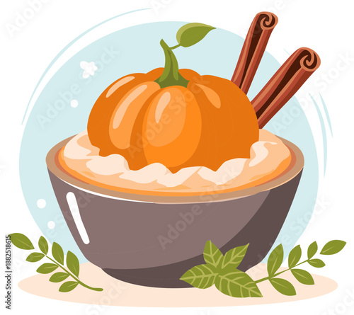 Illustration of pumpkin dessert with cinnamon sticks and green leaves.