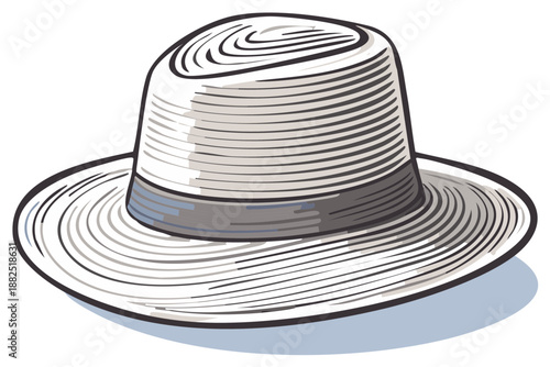 Illustration of a classic boater hat with a banded brim and a grey ribbon detail