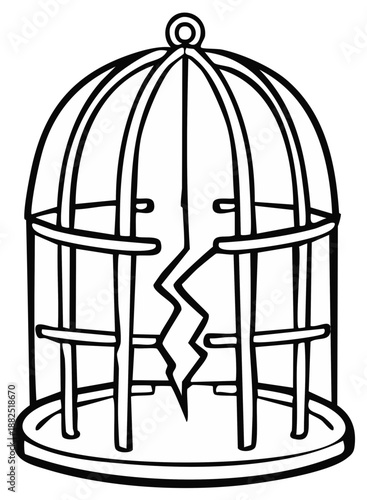 Broken bird cage illustration symbolising freedom, escape, and overcoming obstacles.