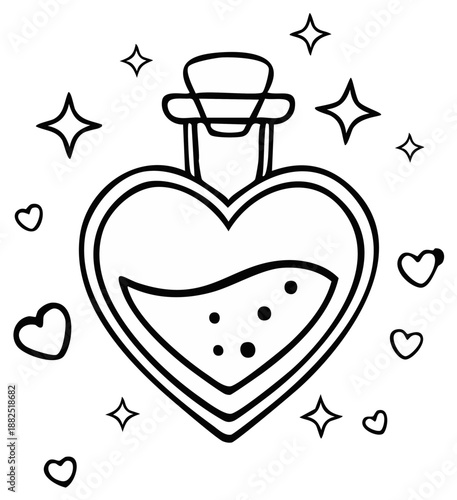 Heart-shaped potion bottle with stars and hearts, black and white outline.