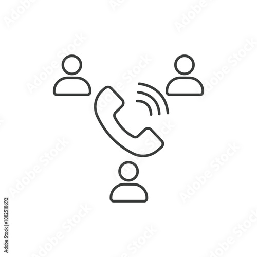 Group conference call icon, three people connected by a ringing telephone receiver line