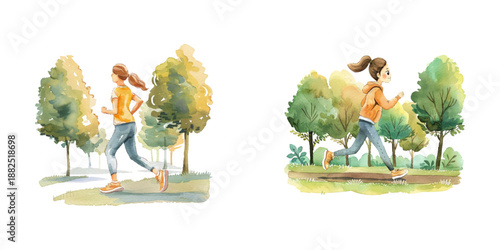woman jogging in the park watercolor vector illustration