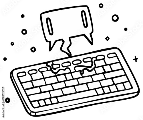 Broken Keyboard Line Art: Damaged Device, Cartoon Style, Glitchy Tech